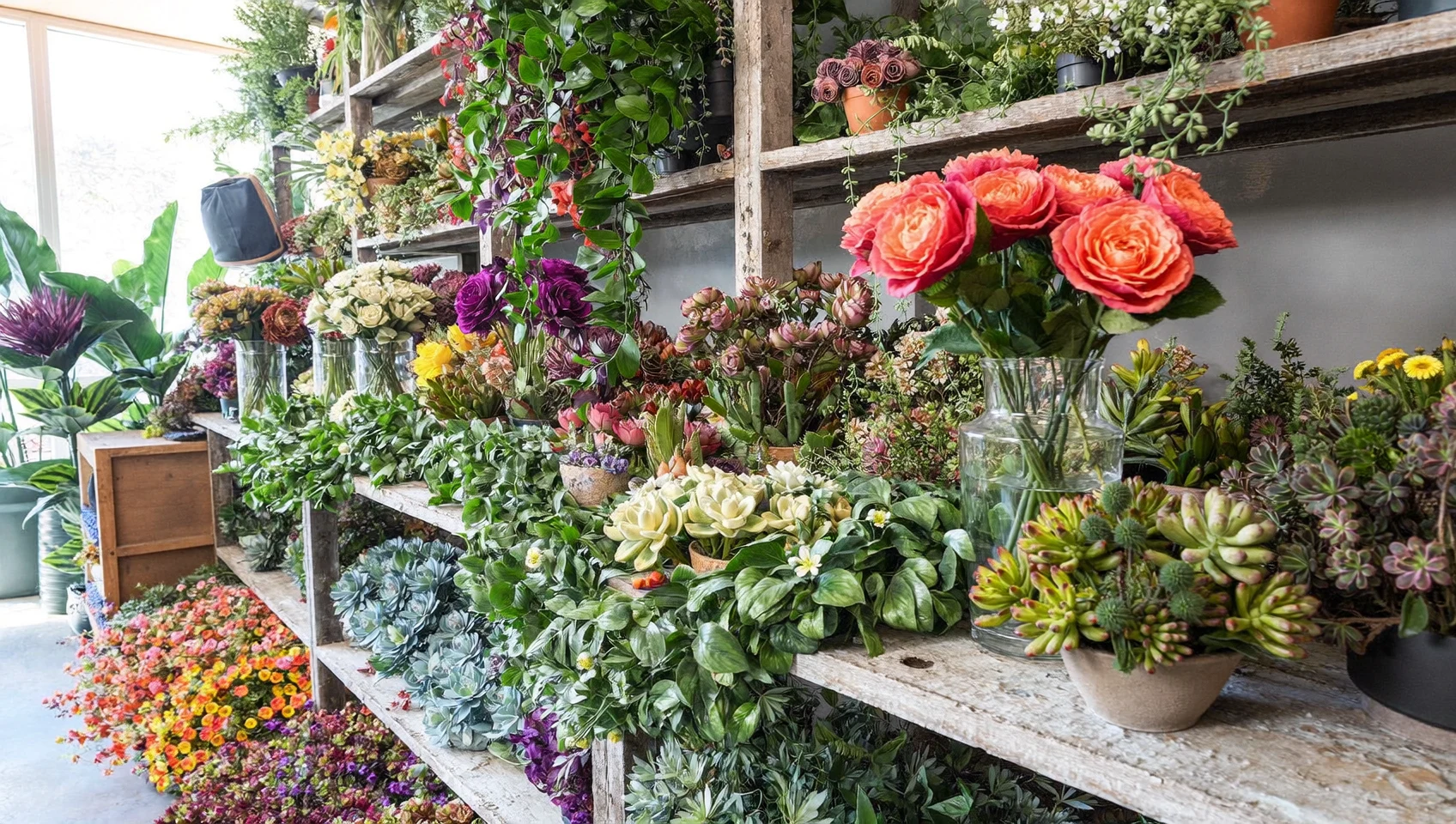 Illustrazione di un ambiente luminoso con fiori artificiali in vaso
